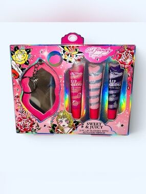 New Ed Hardy 3pc Lip Gloss With Key Chain Mirror Set